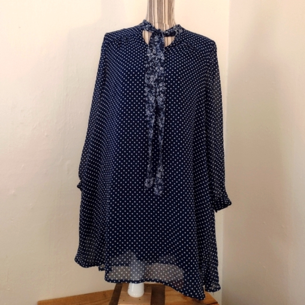 Anthropologie 11`1`TYLHO Navy Isla Polka Dot Dress w/ Scarf Size S NEW